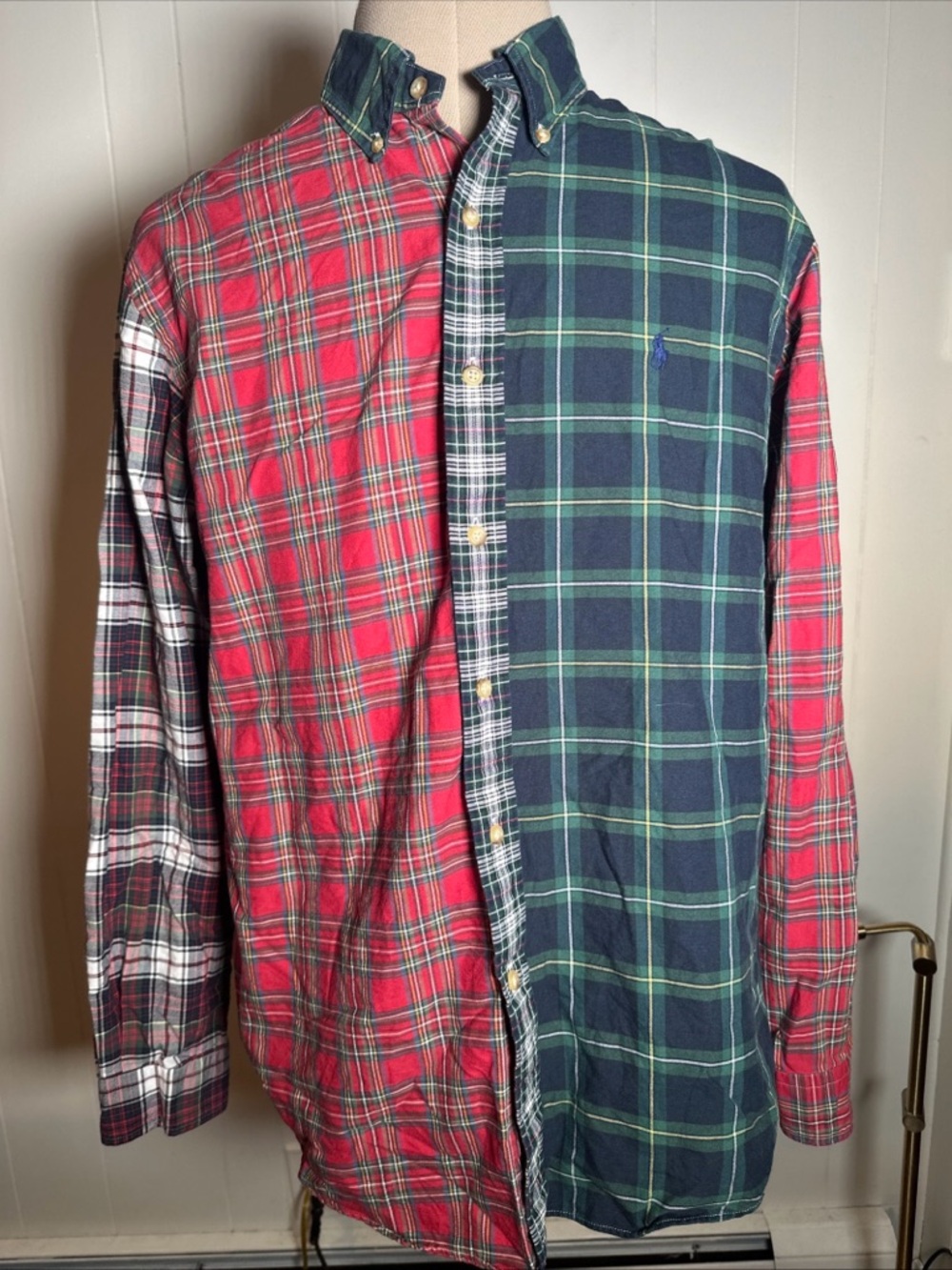 Ralph Lauren Polo Patchwork Long Sleeve Button-Up Shirt Mens L Plaid 100% Cotton